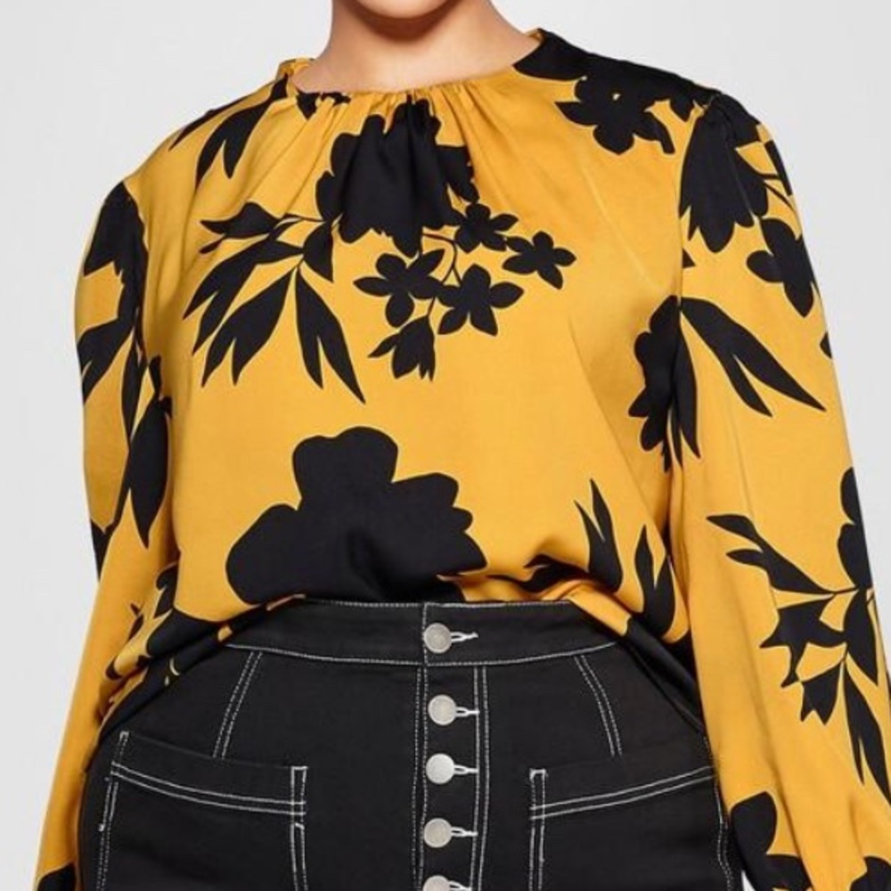 Who What Wear Mustard Yellow Floral Blouse- Large